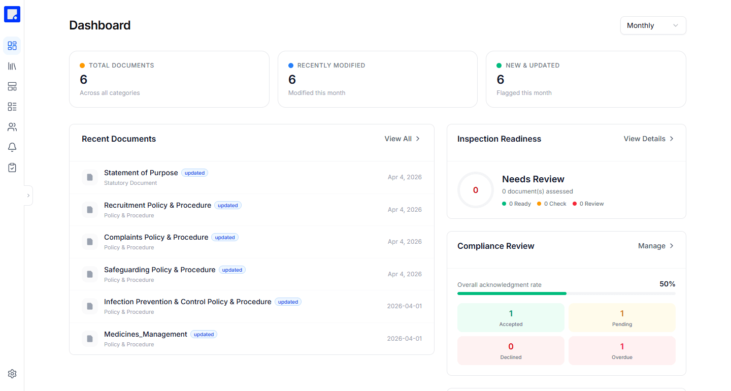 HeroDocs dashboard showing document library, inspection readiness, and compliance review metrics