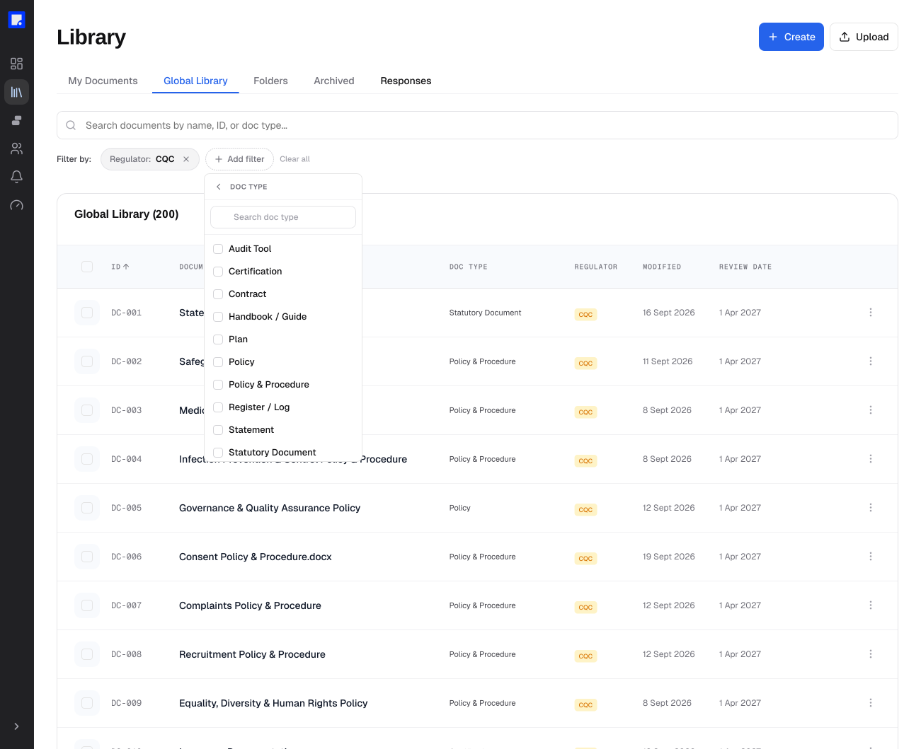 HeroDocs Global Library filtered to CQC policies, with the doc type filter open