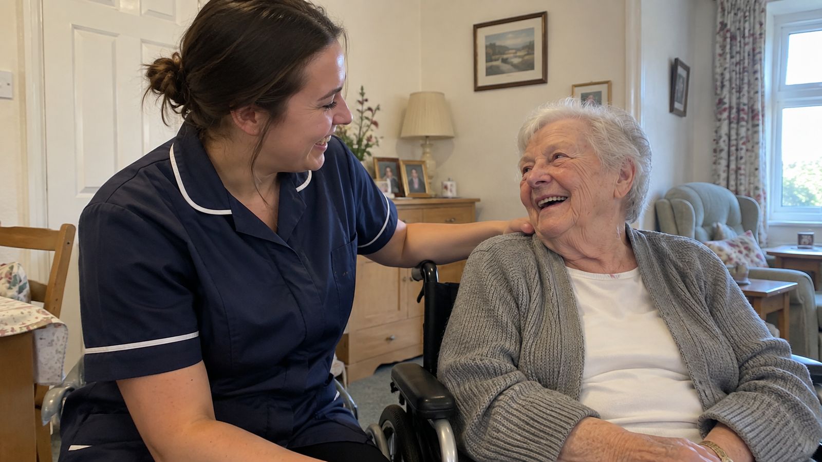 A nurse shares a laugh with an older woman in a wheelchair