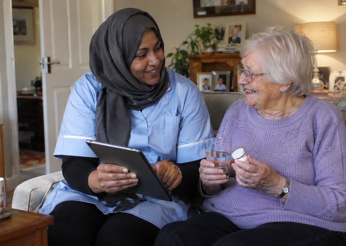 A carer goes through medication on a tablet with an older woman